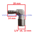 Kolanko króciec na wąż 6 mm x 1/4" gwint zewnętrzny o średnicy 14 mm.